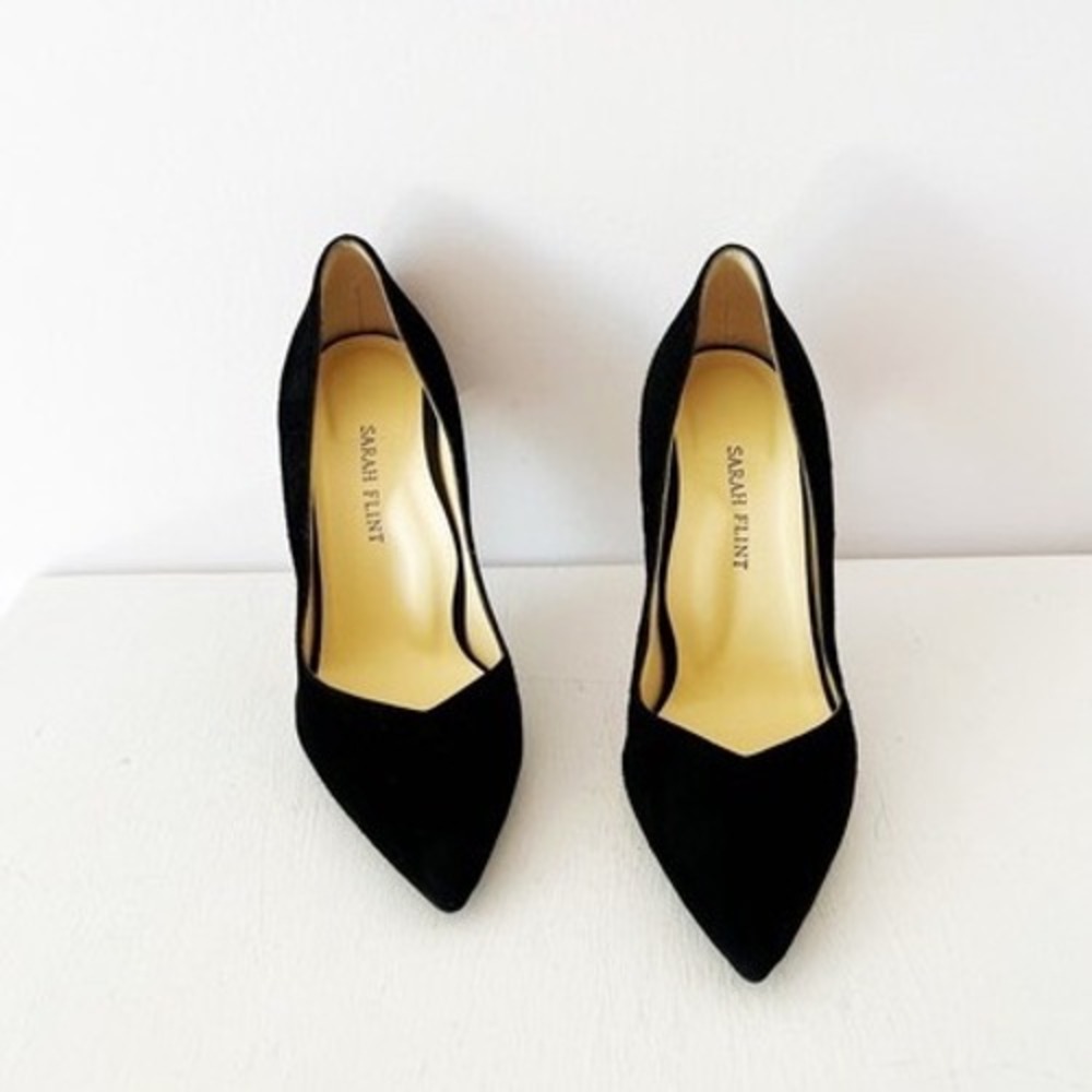 Sarah Flint Perfect Pump 100 Black Suede Pointed Toe Stiletto Heels 37 MSRP $495